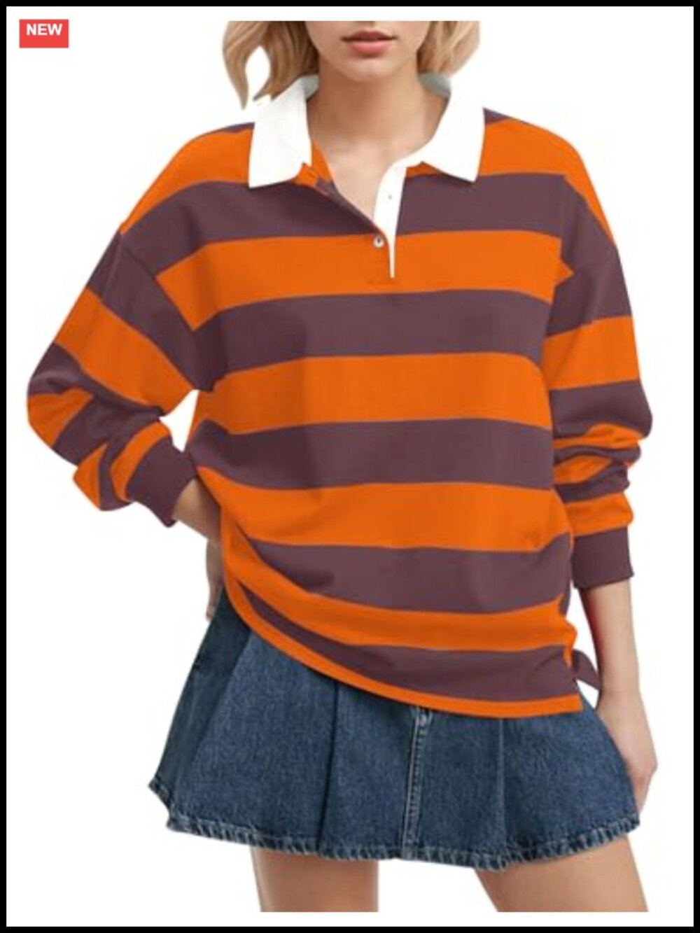 Womens Oversized Striped Polo Shirt Long Sleeve Rugby Sweatshirt